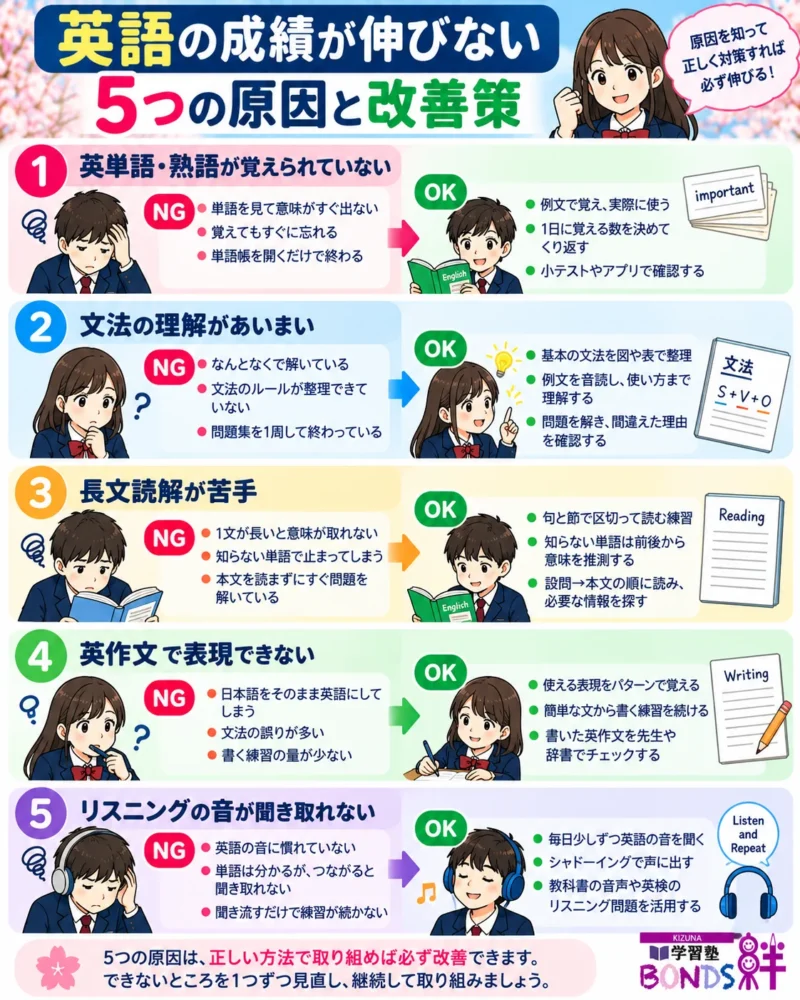 英単語、文法、長文読解、英作文、リスニングの5つの課題と改善方法を比較した図解