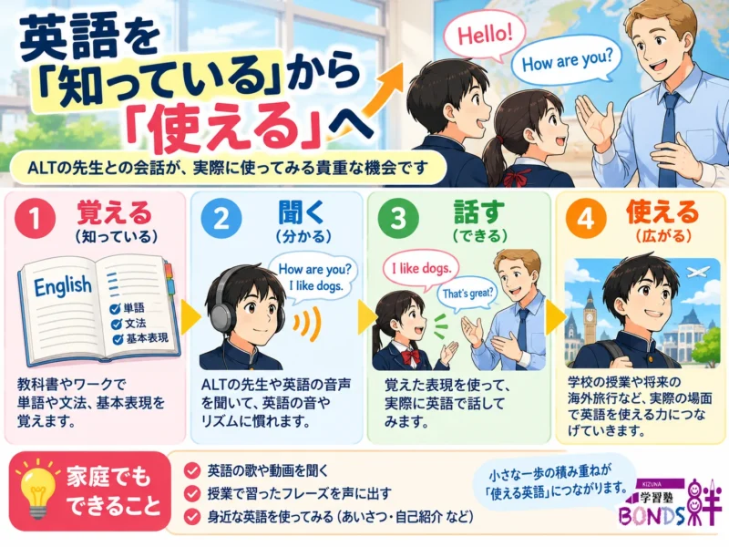 英語を覚える、聞く、話す、使えるようになるまでの4段階を示した図